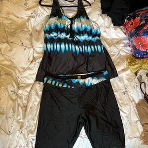 Swimsuit two piece with black, blue, and white. 2x